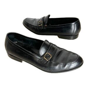 Bally Mens Dress Shoes 9.5 D Black Leather Loafers Slip On Strap Buckle ITALY